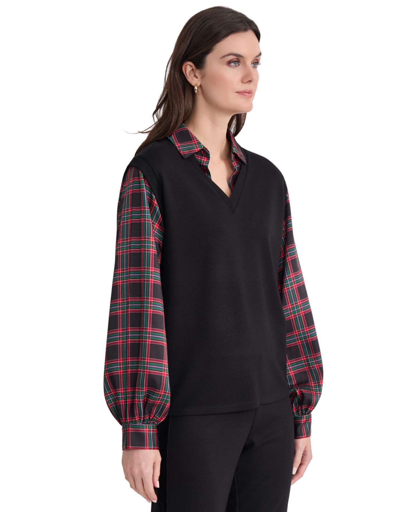 Женская блузка Jones New York Serenity Long-Sleeve Drop-Shoulder Plaid-Print, цвет: Чёрный / Красный разноцветный — фото 2