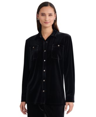 Women's Button Down Side Slit Long-Sleeve Velvet Tunic
