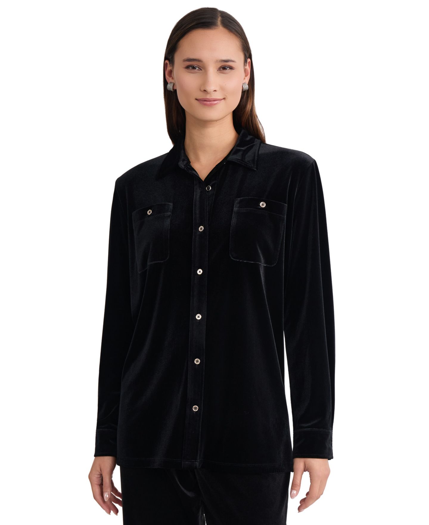 Женский топ Jones New York Button Down Side Slit Long-Sleeve Velvet Tunic, цвет: Чёрный — фото 1