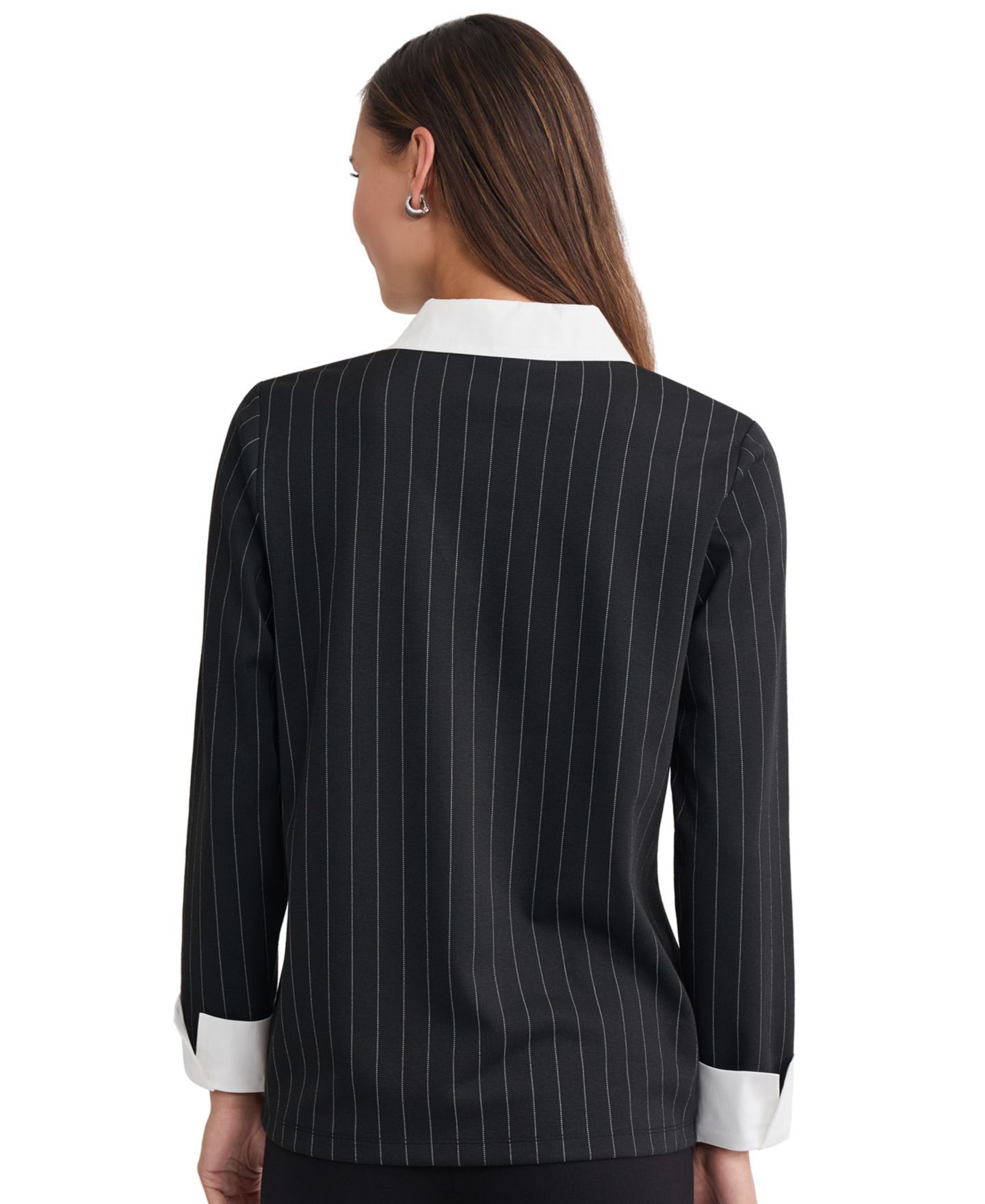 Женская блузка Jones New York Long-Sleeve Pinstripe V-Neck, цвет: Угольно-чёрный — фото 4