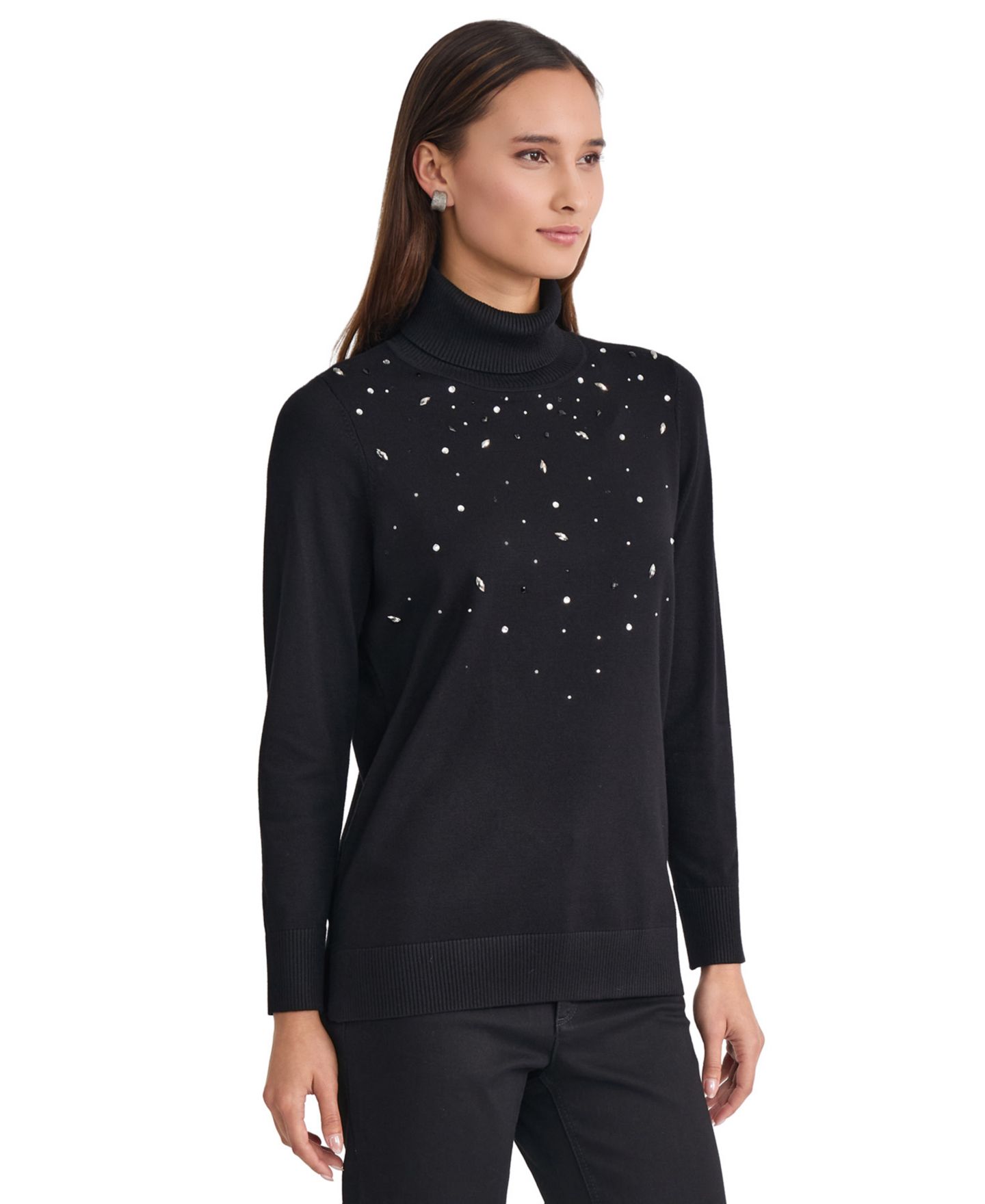 Женский свитер Jones New York Embellished Long-Sleeve Turtleneck, цвет: Чёрный — фото 3