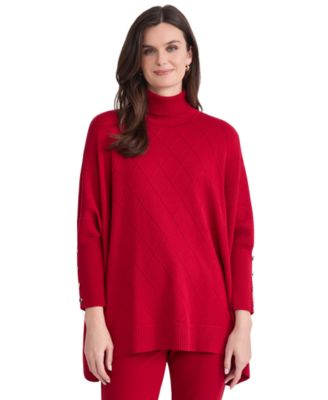 Women's Mixed Cable-Knit Split Neck 3/4-Sleeve Poncho Sweater