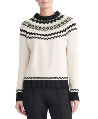 Women's Three Color Placed Yoke Fair Isle Crew Neck Long-Sleeve Fitted Sweater
