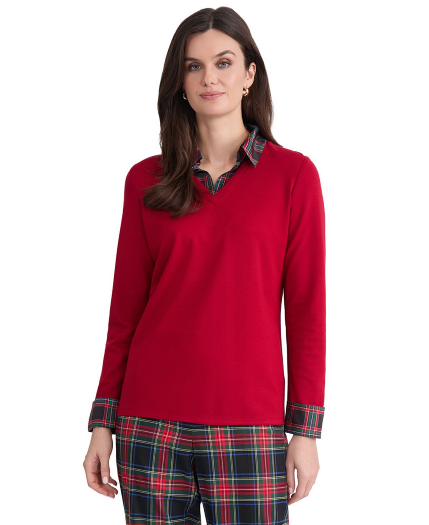 Женская блузка Jones New York Serenity Long-Sleeve Plaid Layered-Look, цвет: Красный — фото 4