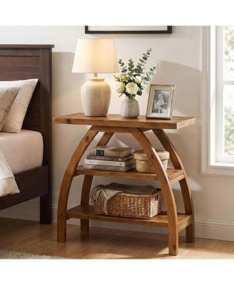 Rustic Solid Wood Nightstand, 3 Tier Storage Bedside Table with Curved Arch Legs for Bedroom