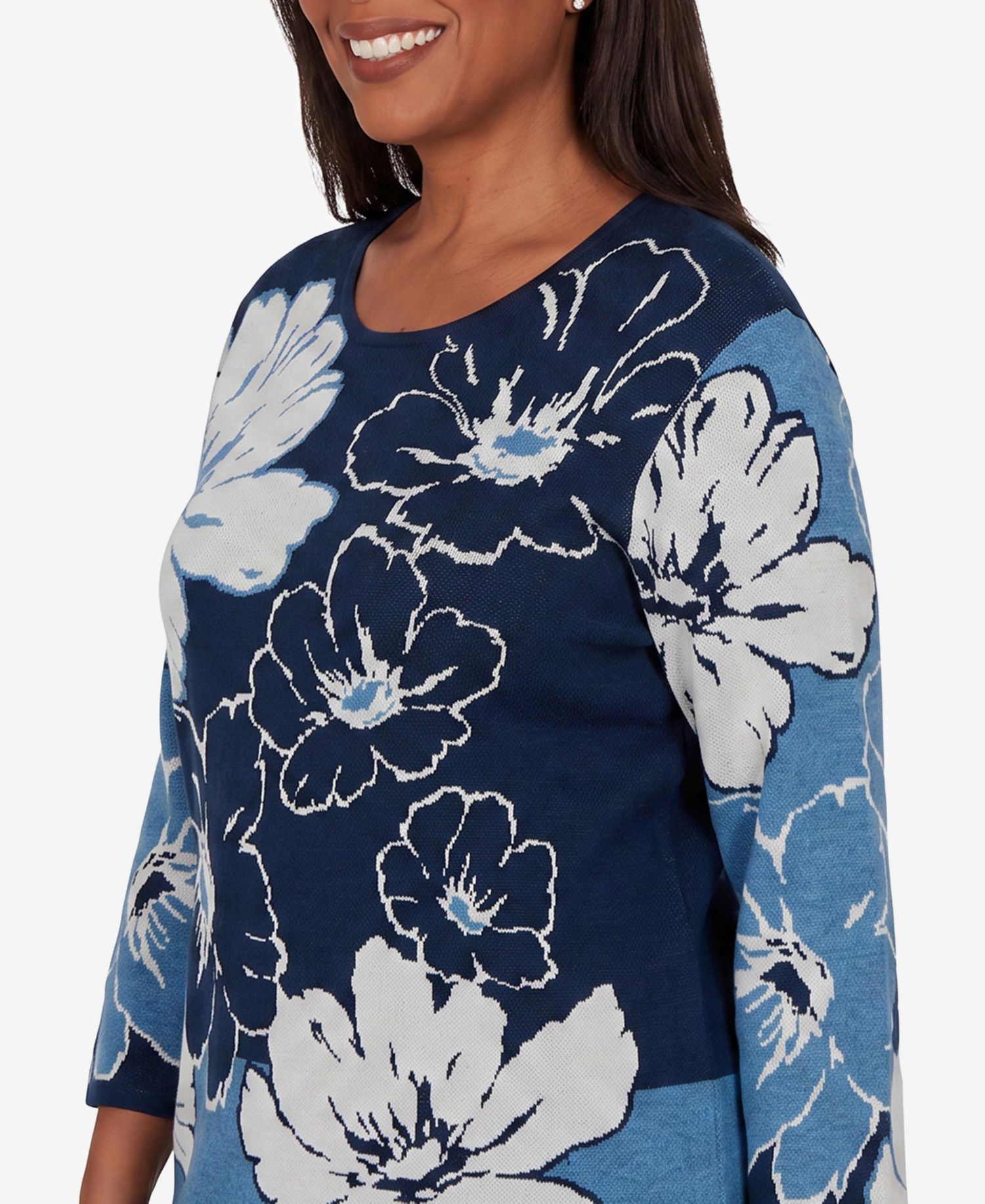 Petite Floral-Print 3/4-Sleeve Crewneck Sweater