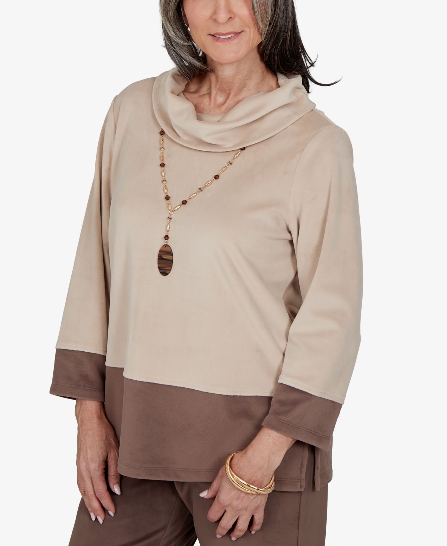 Petite Calm Luxe Colorblock Cowl-Neck 3/4-Sleeve Top