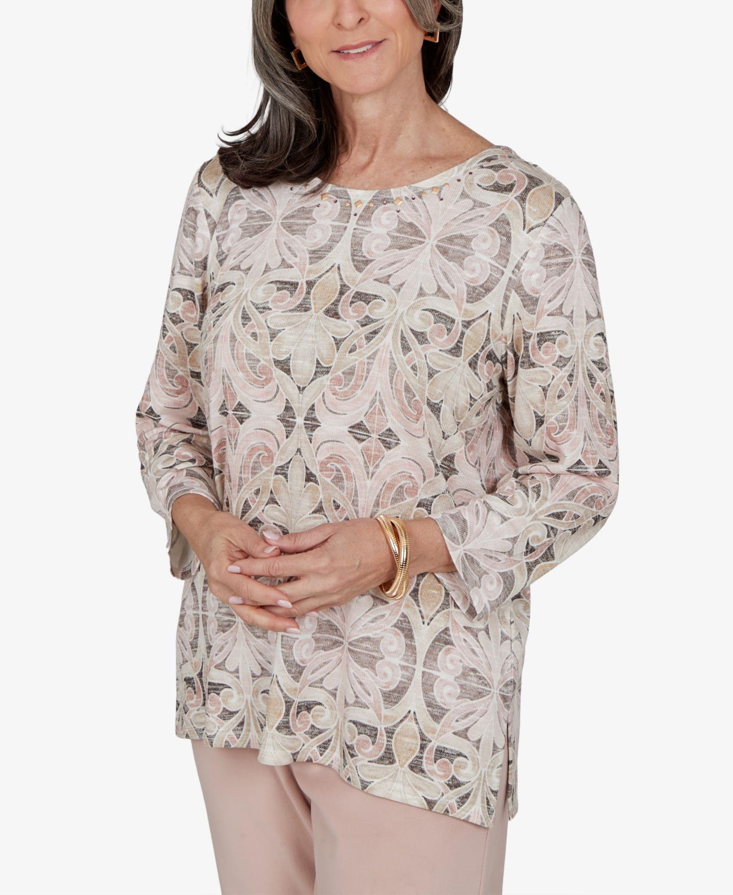 Petite 3/4-Sleeve Crewneck Print Blouse