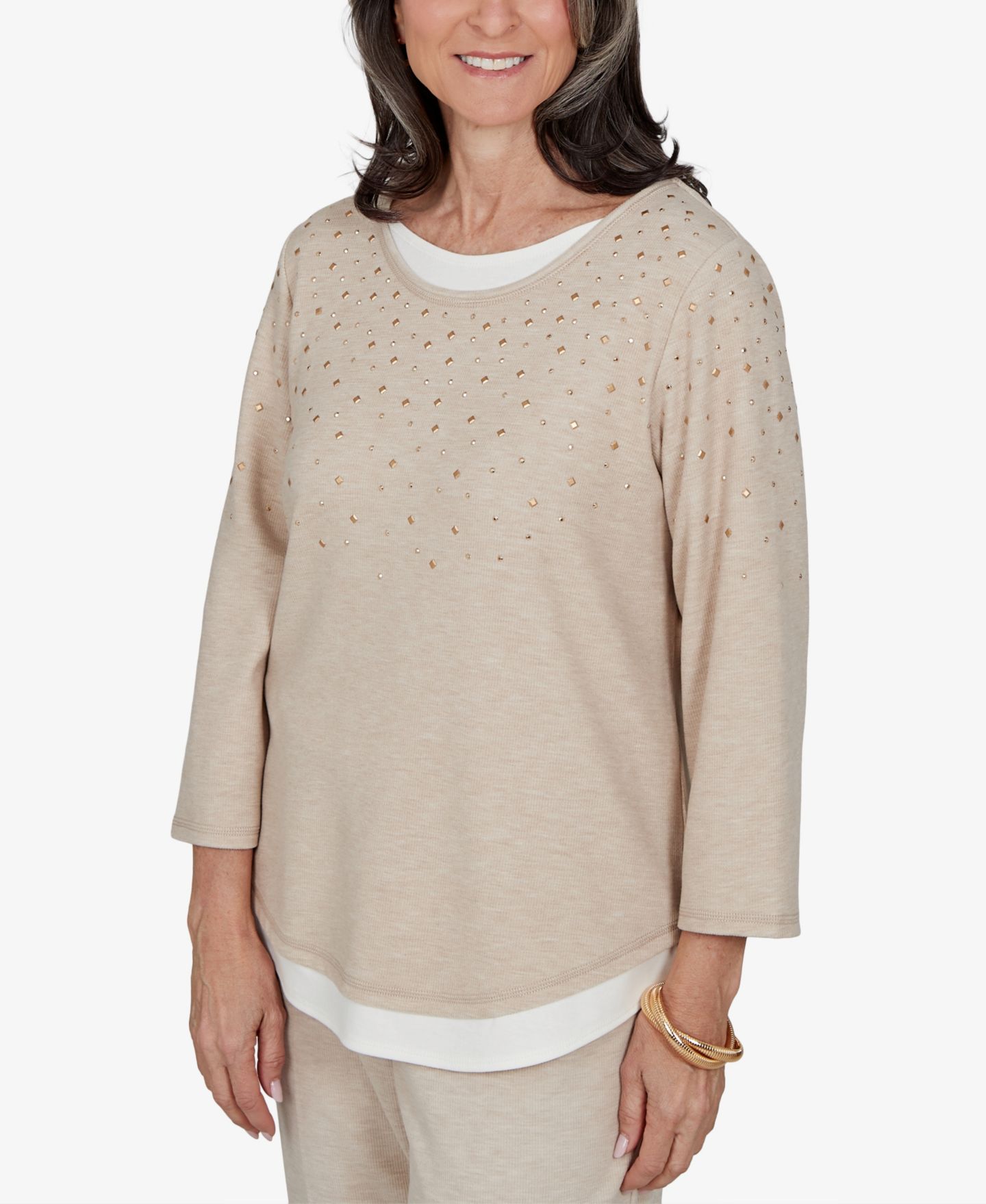 Женский топ Alfred Dunner Petite Embellished 3/4-Sleeve Knit, цвет: Серо-бежевый — фото 2