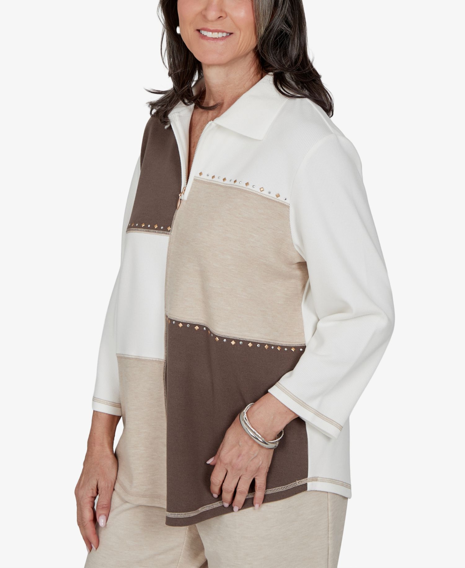 Petite Half-Zip 3/4-Sleeve Colorblock Pullover Sweater