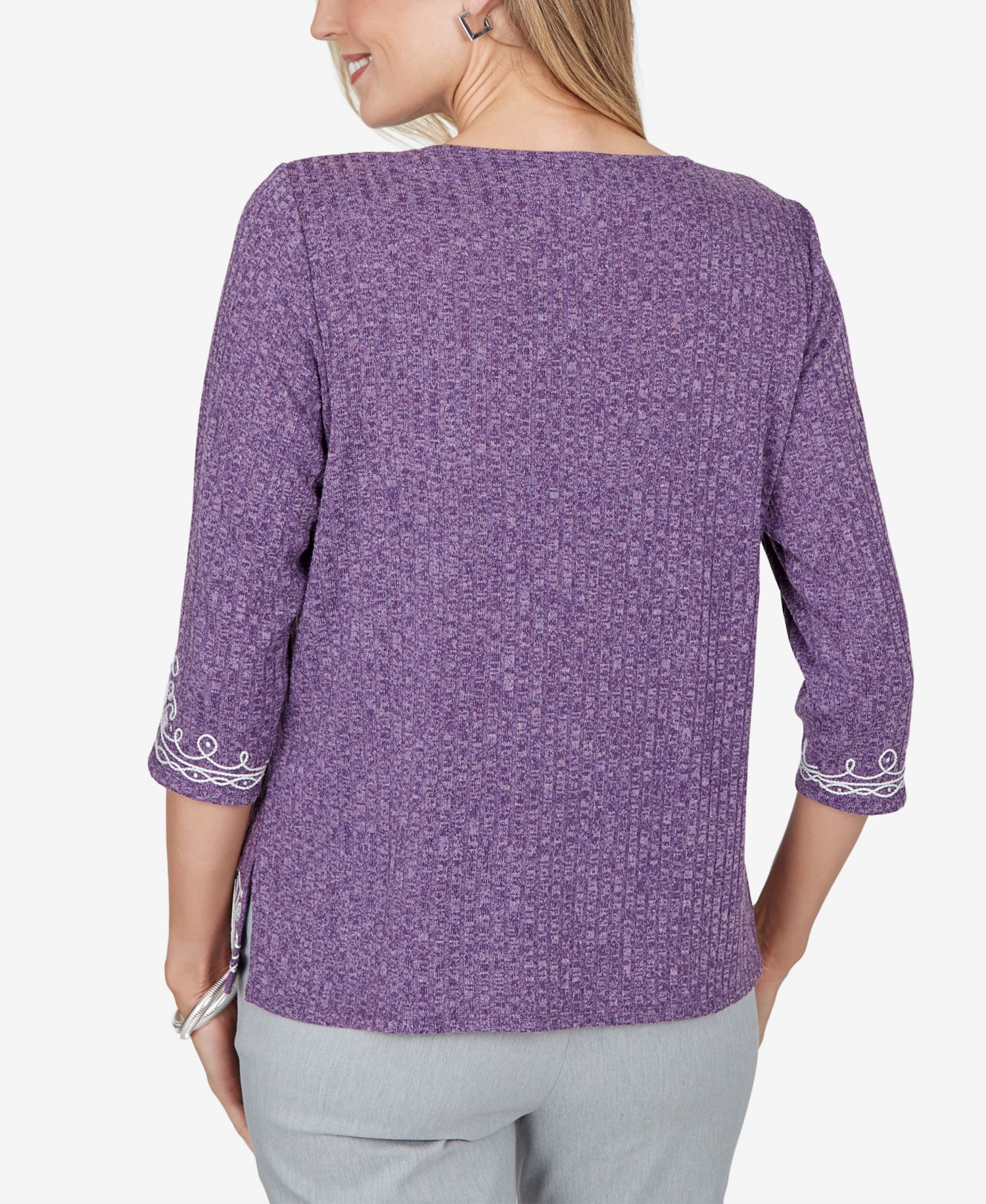 Petite 3/4-Sleeve Embroidered Side-Slit Blouse