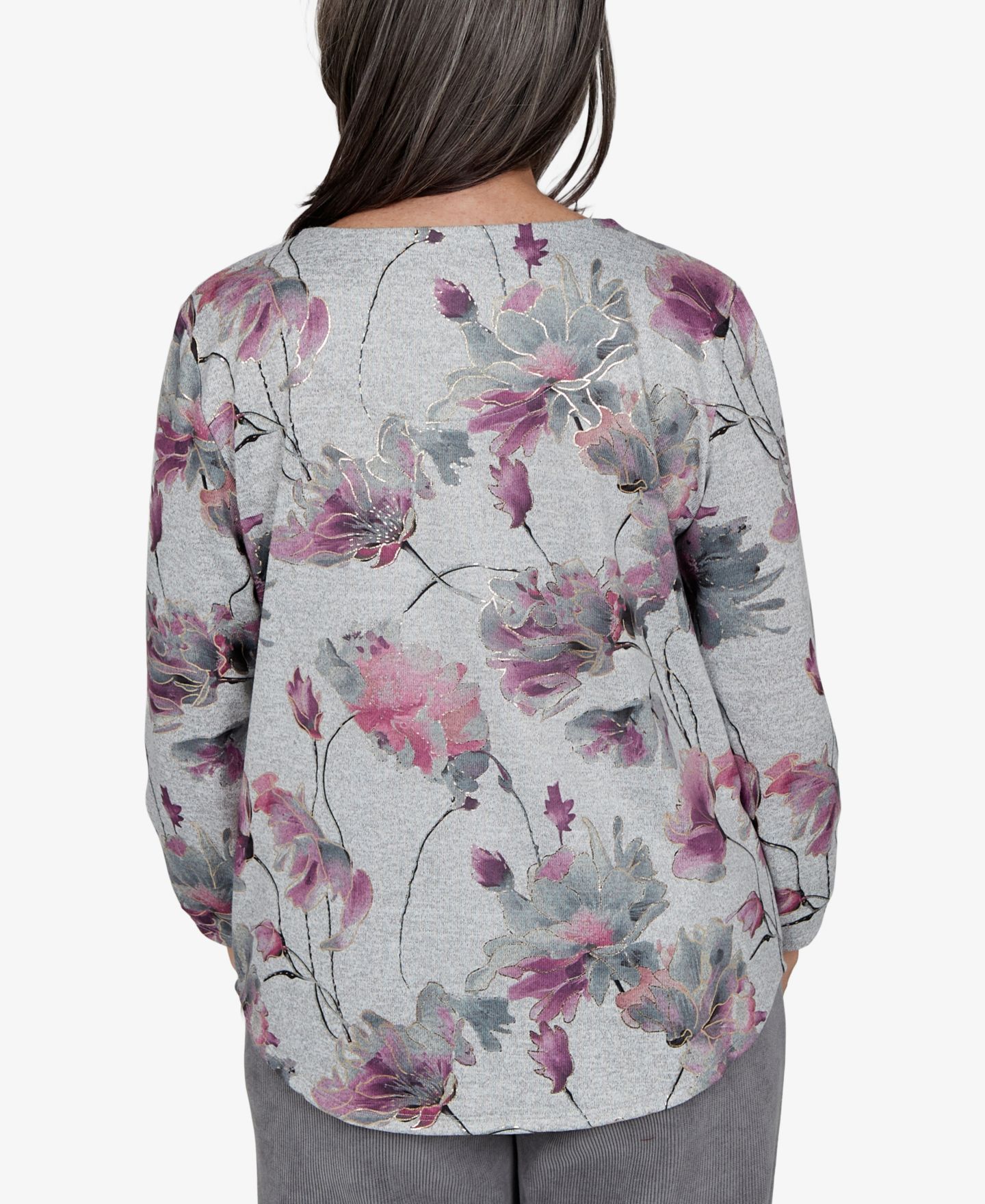 Женская блузка Alfred Dunner Petite Floral-Print 3/4-Sleeve Curved-Hem, цвет: Серый — фото 5