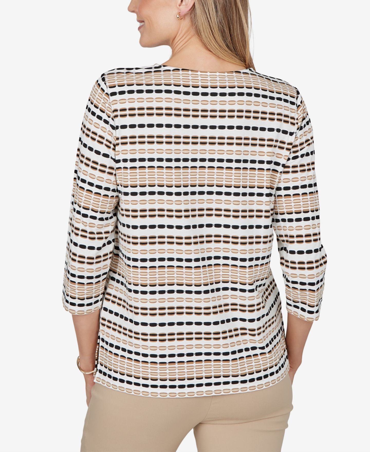 Женская блузка Alfred Dunner Petite 3/4-Sleeve Crewneck Stripe, цвет: Рыжевато-коричневый разноцветный — фото 5