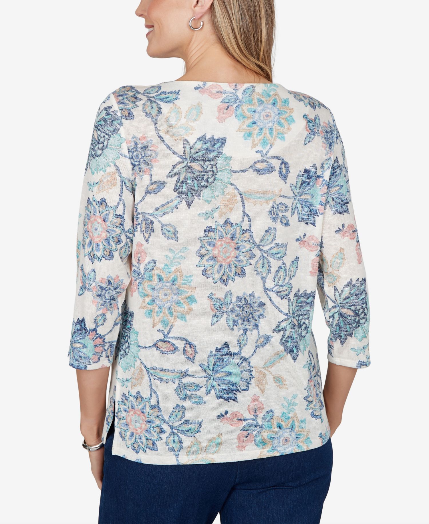 Petite Floral-Print 3/4-Sleeve Side-Slit Blouse