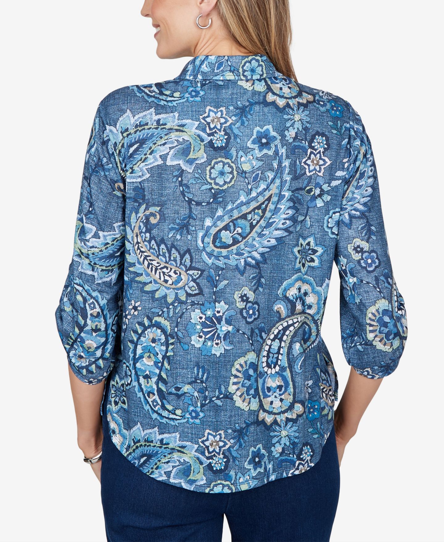 Женский топ Alfred Dunner Petite Paisley 3/4-Sleeve Roll-Tab, цвет: Синий разноцветный — фото 5