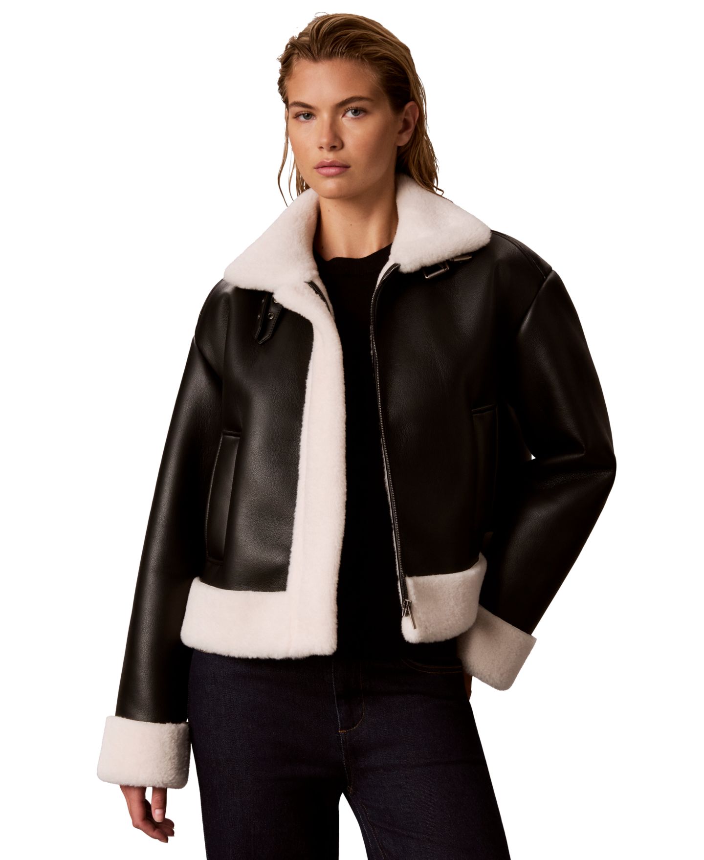 Женская куртка Calvin Klein Sherpa-Lined Faux Shearling Bomber, цвет: Чёрный — фото 1
