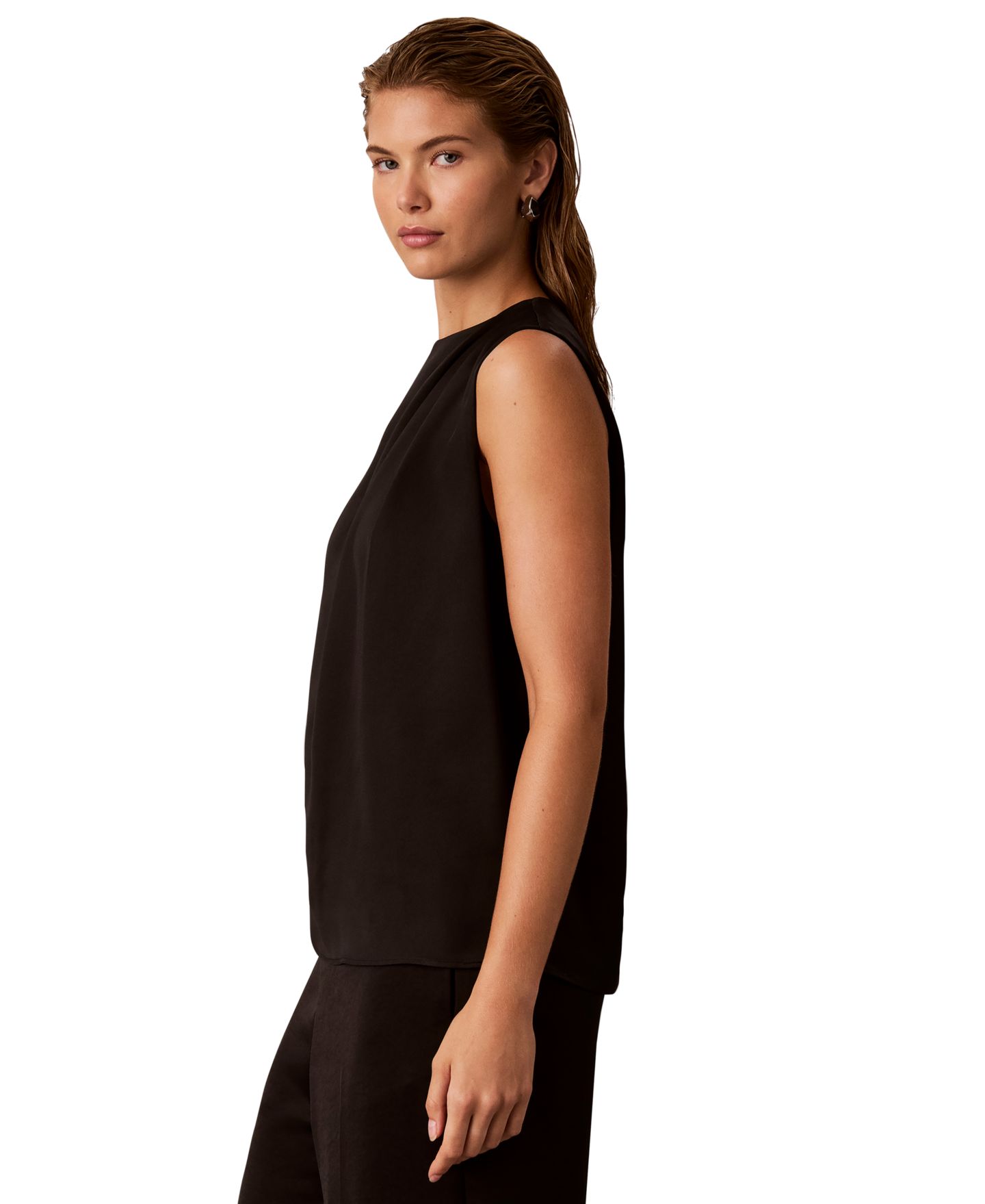Женский топ Calvin Klein Sleeveless Satin Pleated-Crewneck, цвет: Чёрный — фото 3