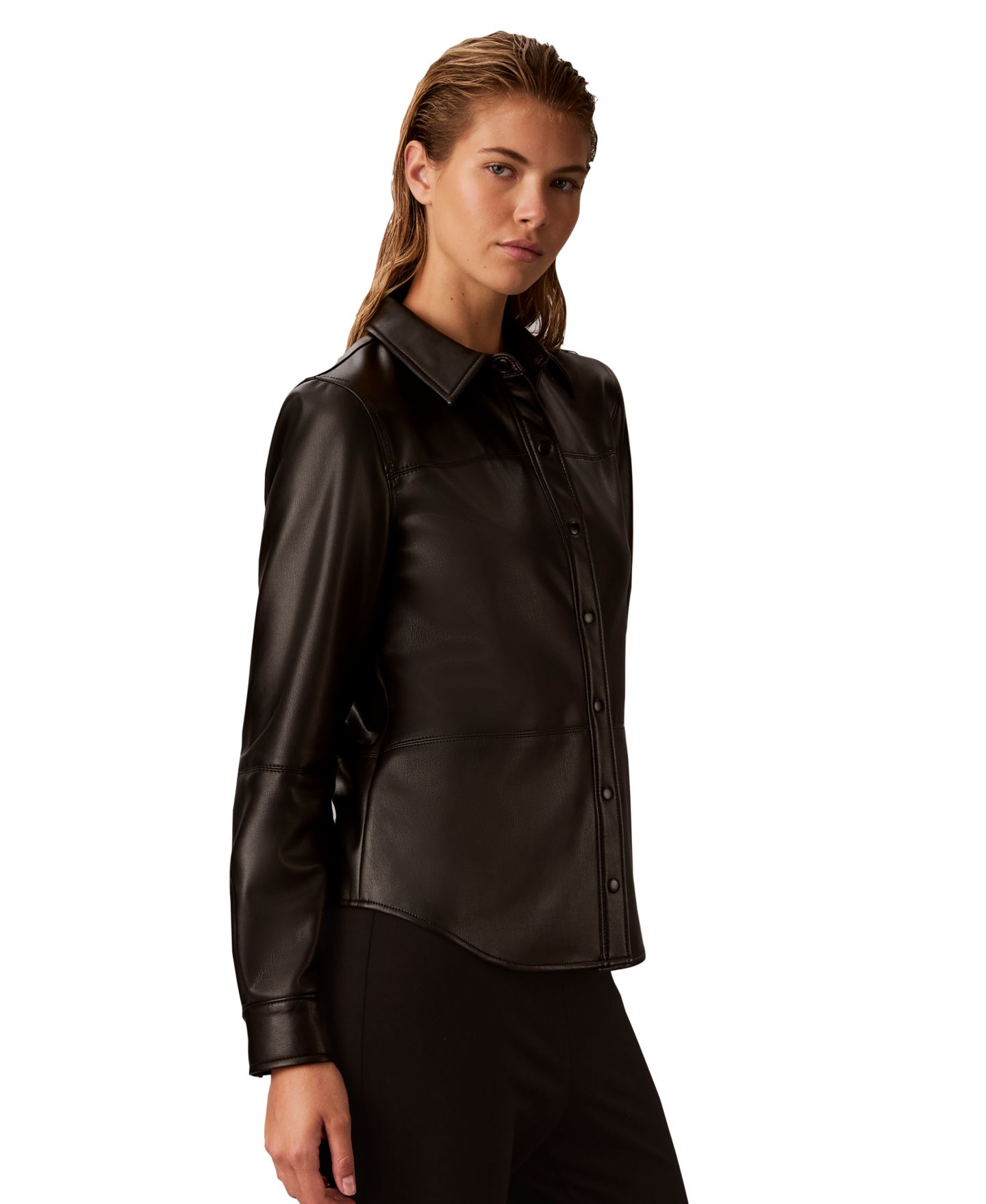 Женская рубашка Calvin Klein Faux Leather Button-Front Long-Sleeve, цвет: Чёрный — фото 3