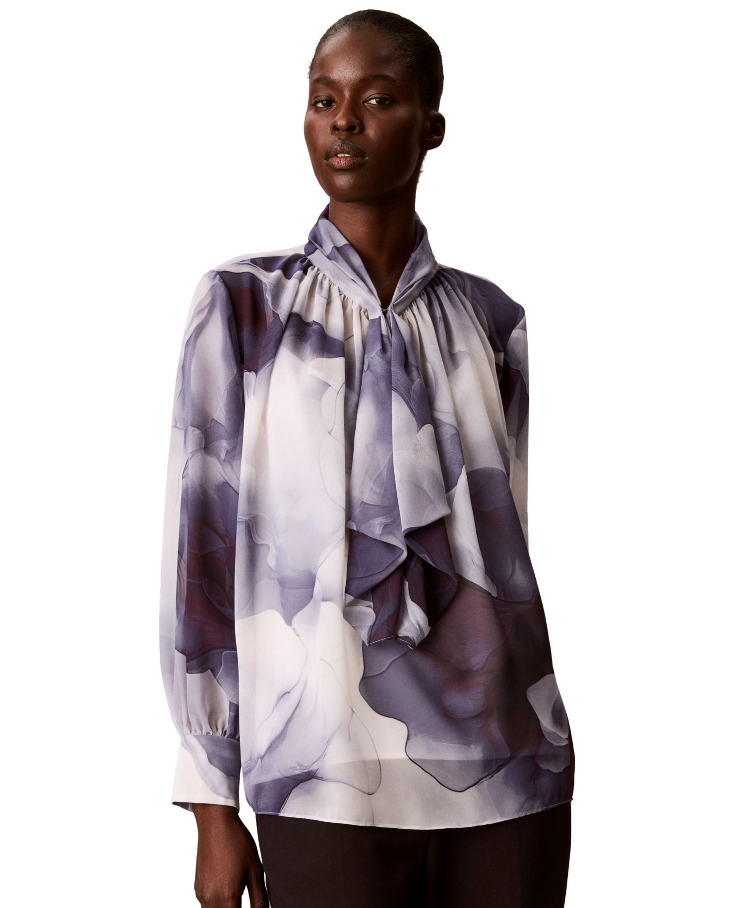 Women's Ruffle Neck Floral-Print Chiffon Blouse