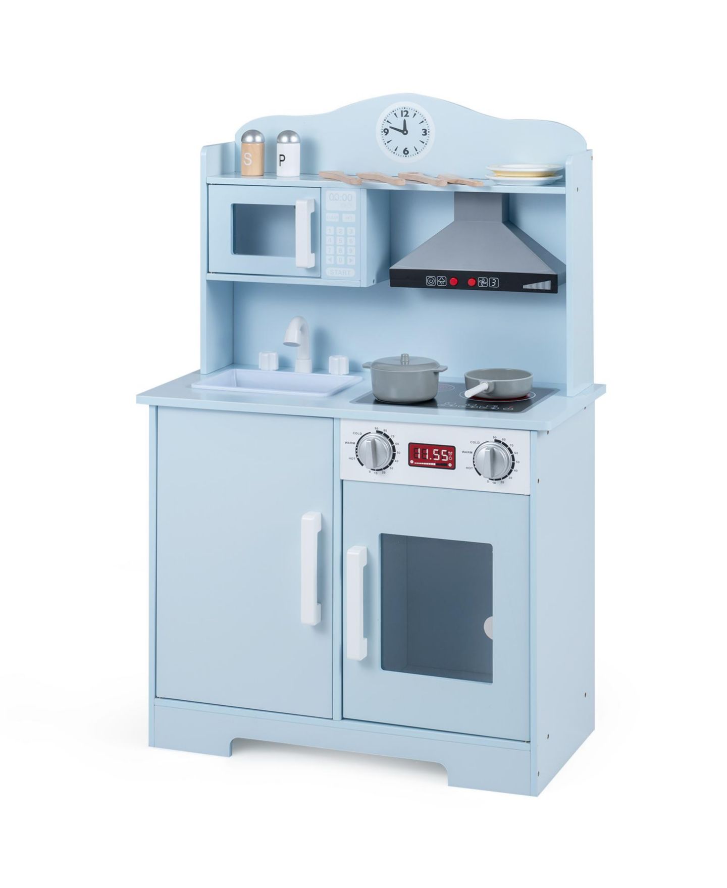 Детские игрушки Costway Light-Up Range Hood Wooden Play Kitchen, 9-Piece, Ages 3+, цвет: Синий — фото 9