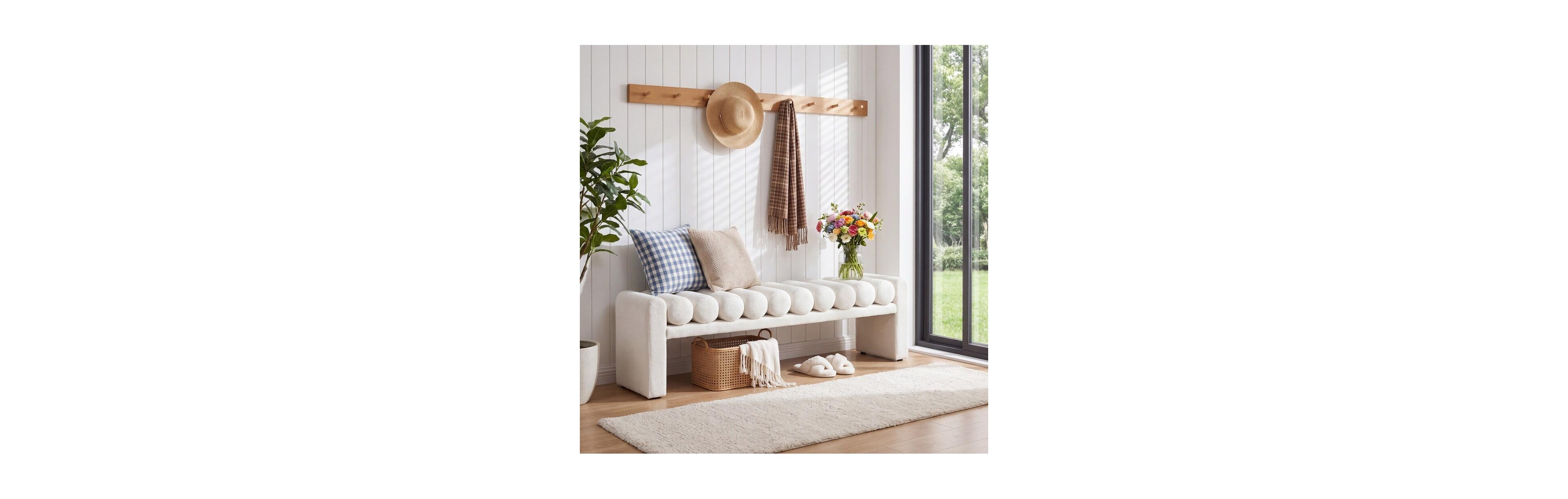 Tribesigns 63" Upholstered Bench with Boucle Cushions
