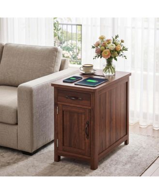 End Table with USB Charging Station Flip-Top Outlet Drawer Cabinet Adjustable Shelf Walnut Engineered Wood for Bedroom Living Room Sofa Side