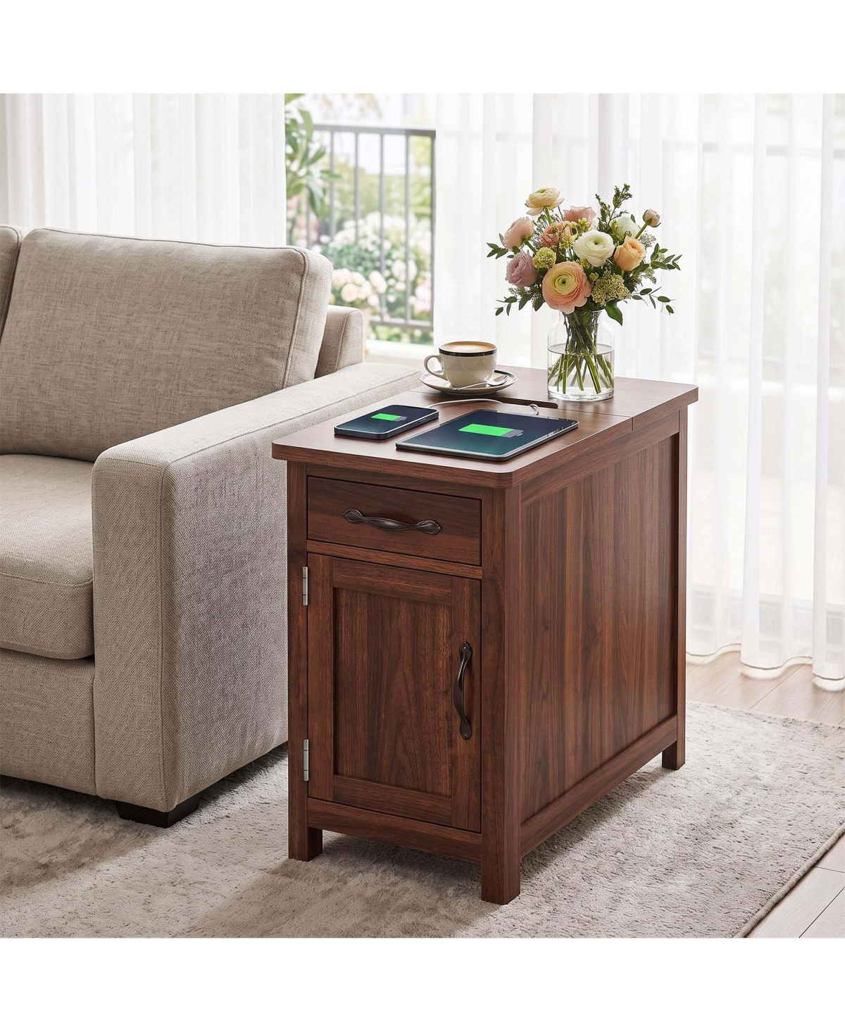 End Table with Usb Charging Station Flip-Top Outlet Drawer Cabinet Adjustable Shelf Walnut Engineered Wood for Bedroom Living Room Sofa Side