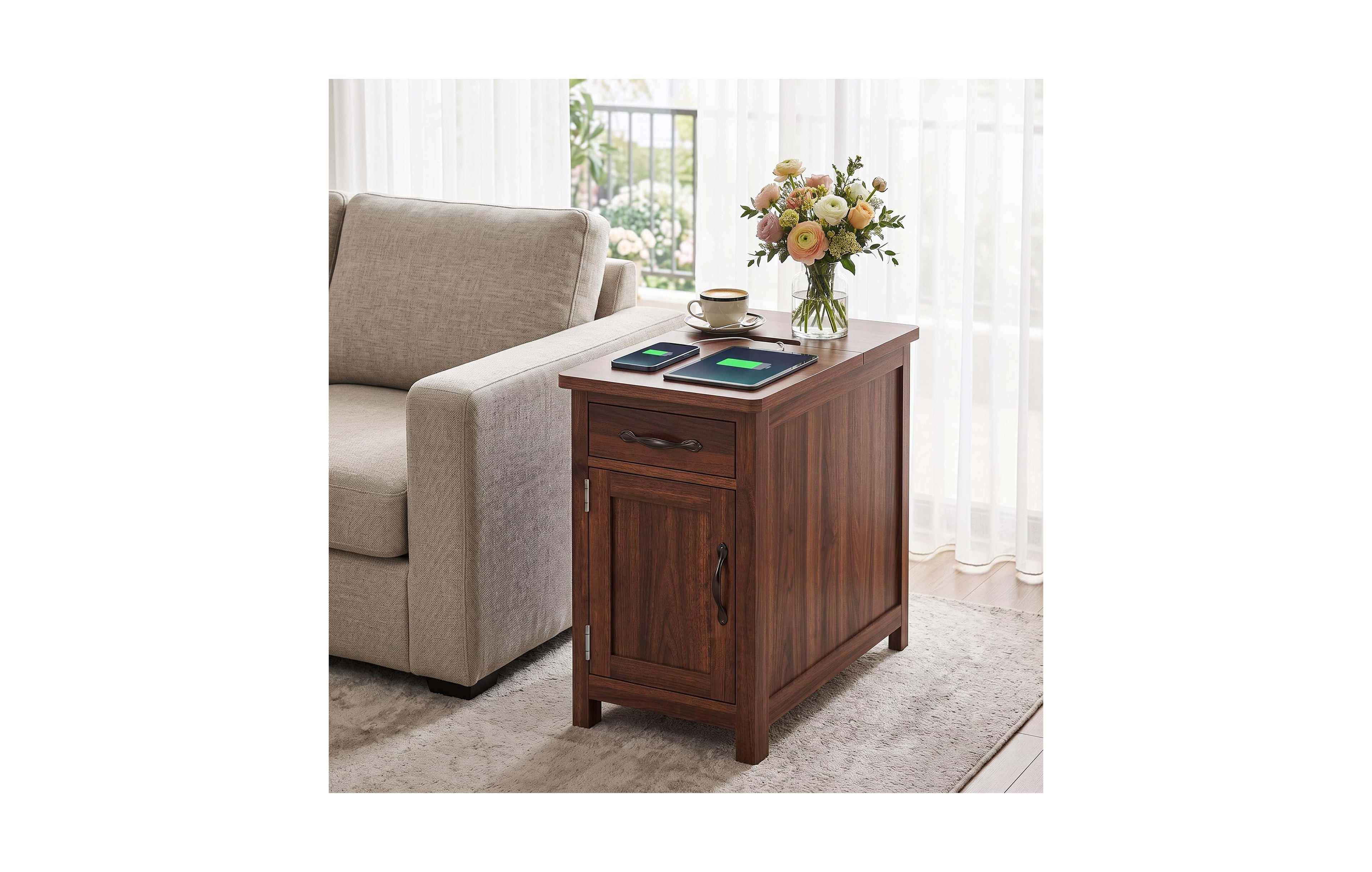 End Table with Usb Charging Station Flip-Top Outlet Drawer Cabinet Adjustable Shelf Walnut Engineered Wood for Bedroom Living Room Sofa Side