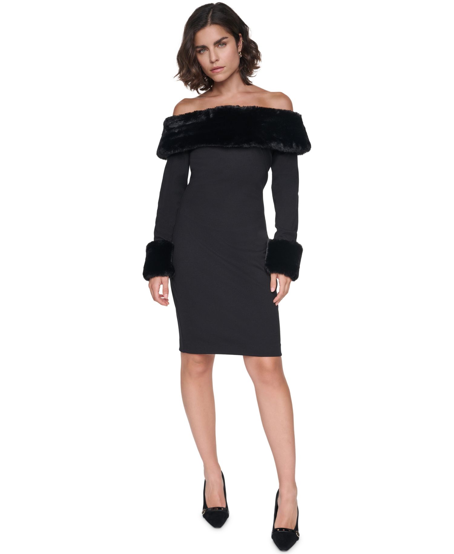 Women's Off-the-Shoulder Faux Fur-Trim Long-Sleeve Dress