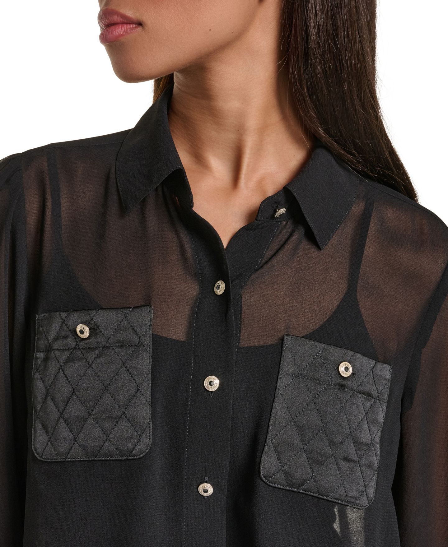 Женская блузка KARL LAGERFELD PARIS Long-Sleeve Chiffon with Quilted Pockets, цвет: Чёрный — фото 7
