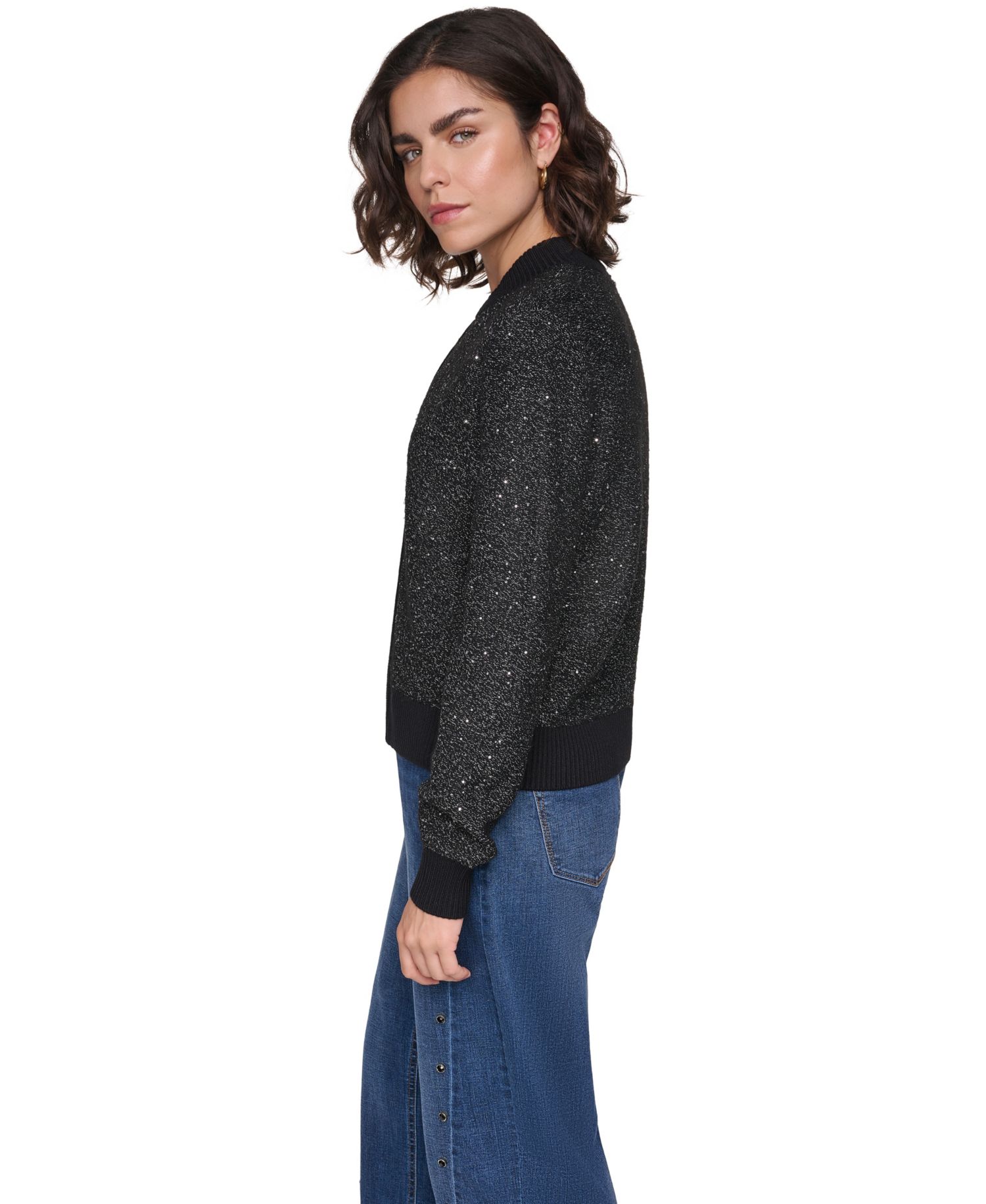 Women's Full-Zip Embellished Loose-Fit Cardigan Sweater