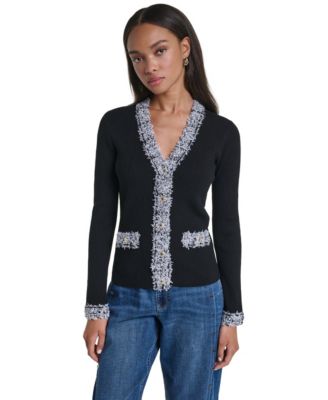 Women's Fancy Trim V-Neck Long-Sleeve Cardigan Sweater