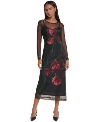 Women's Floral Long-Sleeve Midi Dress