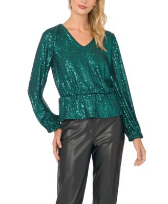 Women's Split Neck Bubble Sleeve Sequins Blouse