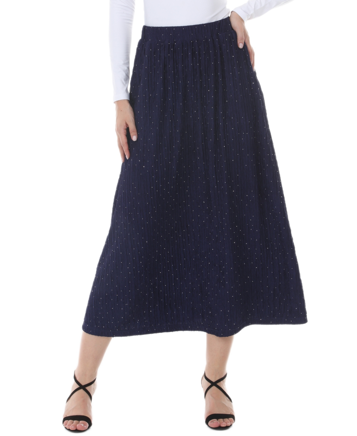 White Mark Women's Rhinestone Embellish Midi High-Waisted Skirt - Navy