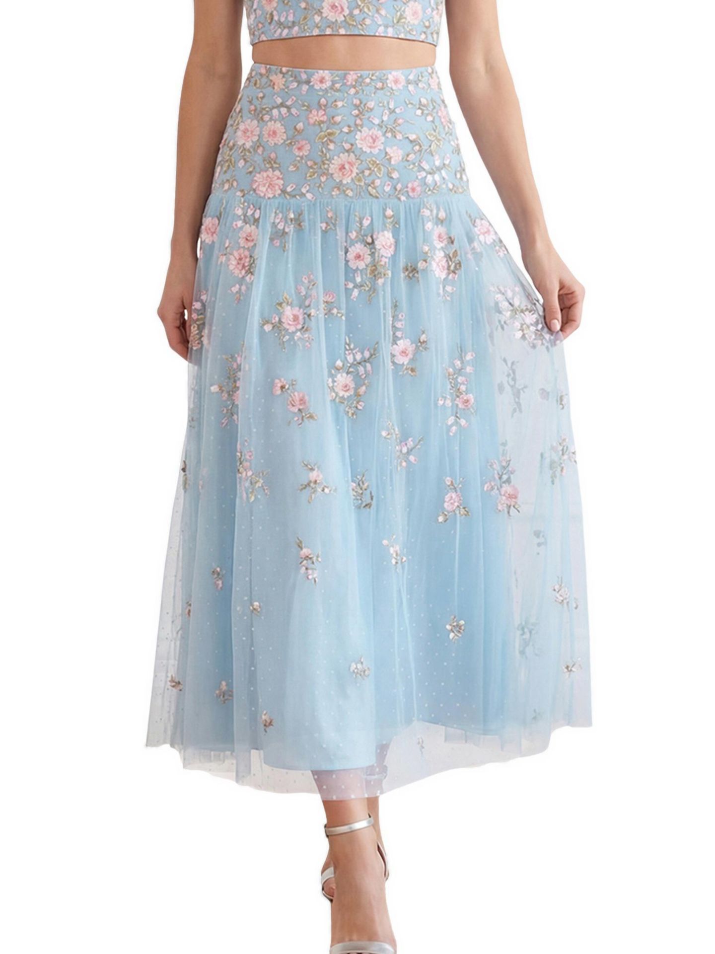 Женская юбка Needle & Thread Eden Rose Floral-Print High-Waisted Maxi, цвет: Аквамариновый / Разноцветный — фото 1
