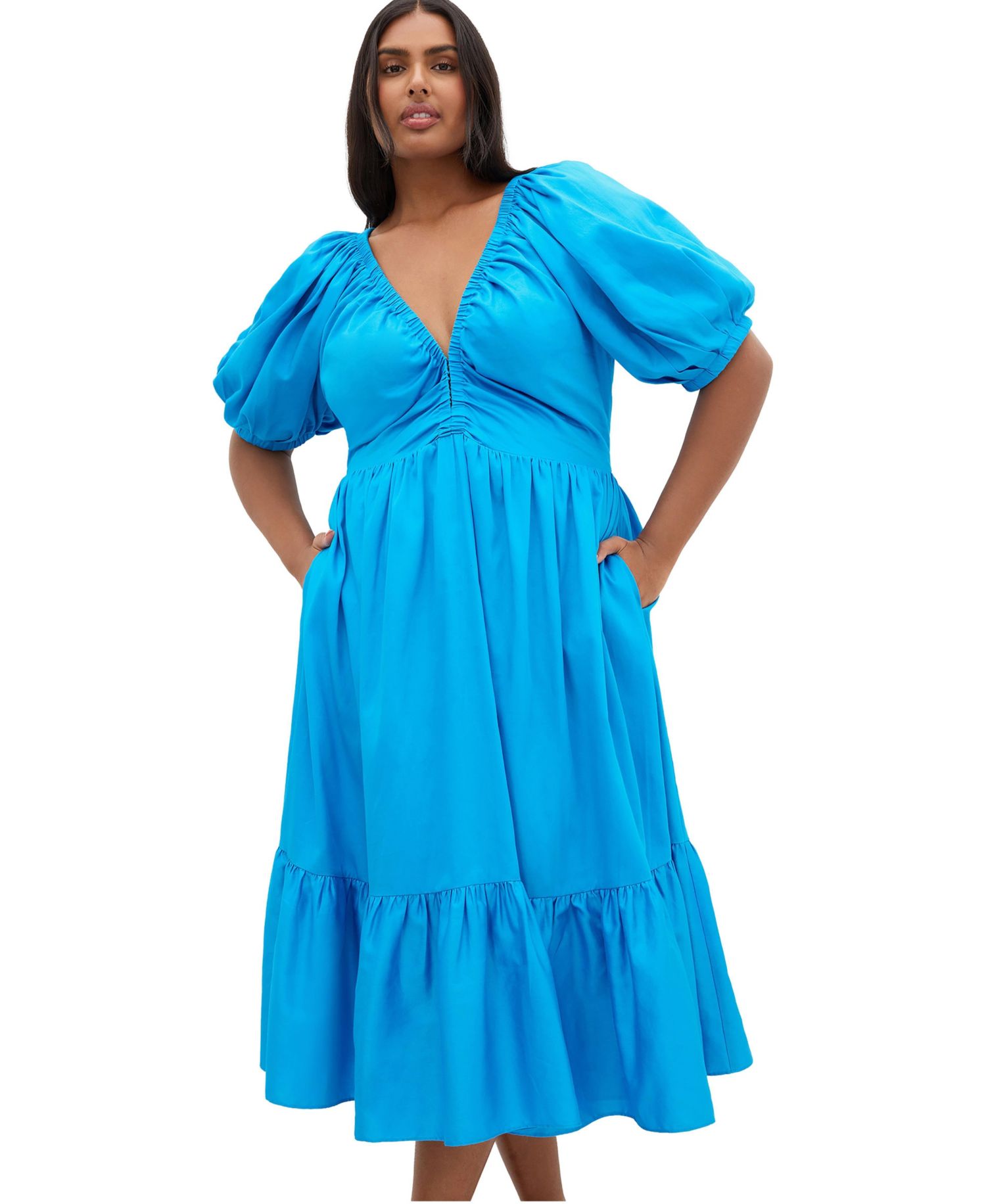 Plus Size Gracie V-Neck Puff Sleeve Cotton Dress