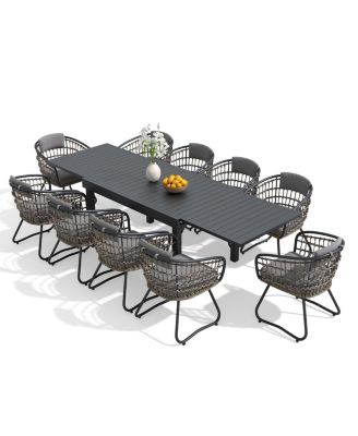 11-Piece Outdoor All Weather Patio Dining Set Aluminum Extendable Rectangle Table with PE Rattan Chairs