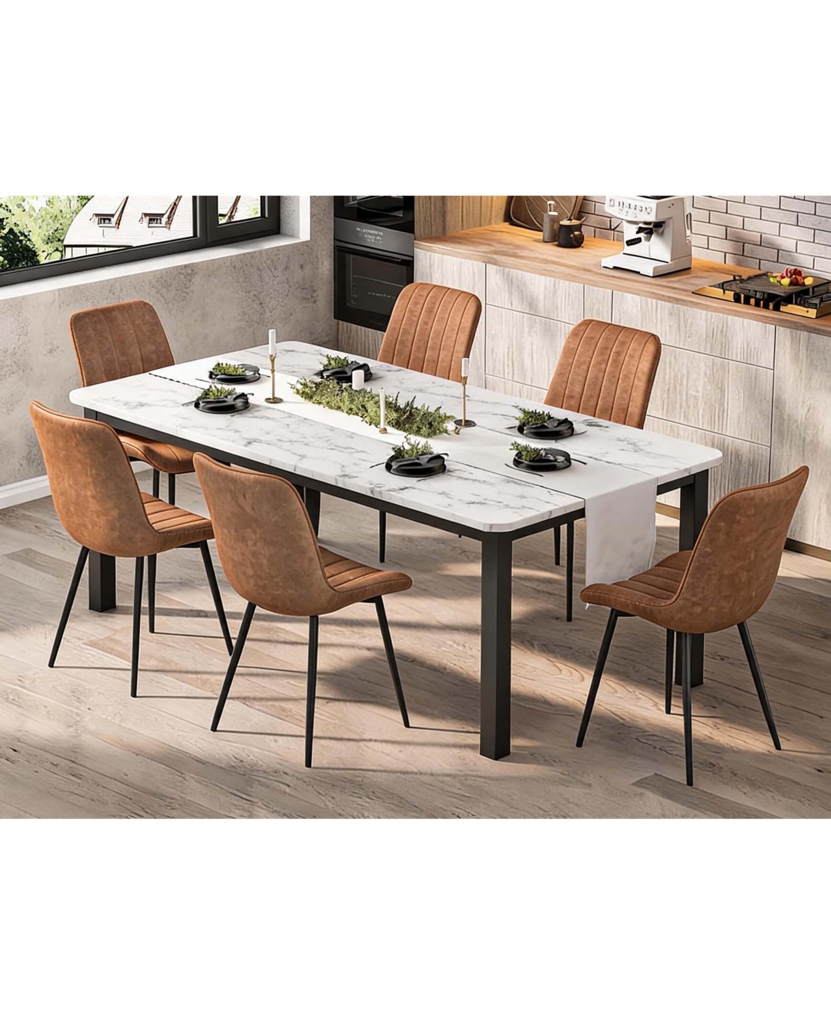 gaomon Dining Set 7-Piece 78.7-Inches Pu Leather Chairs Dining Table Set