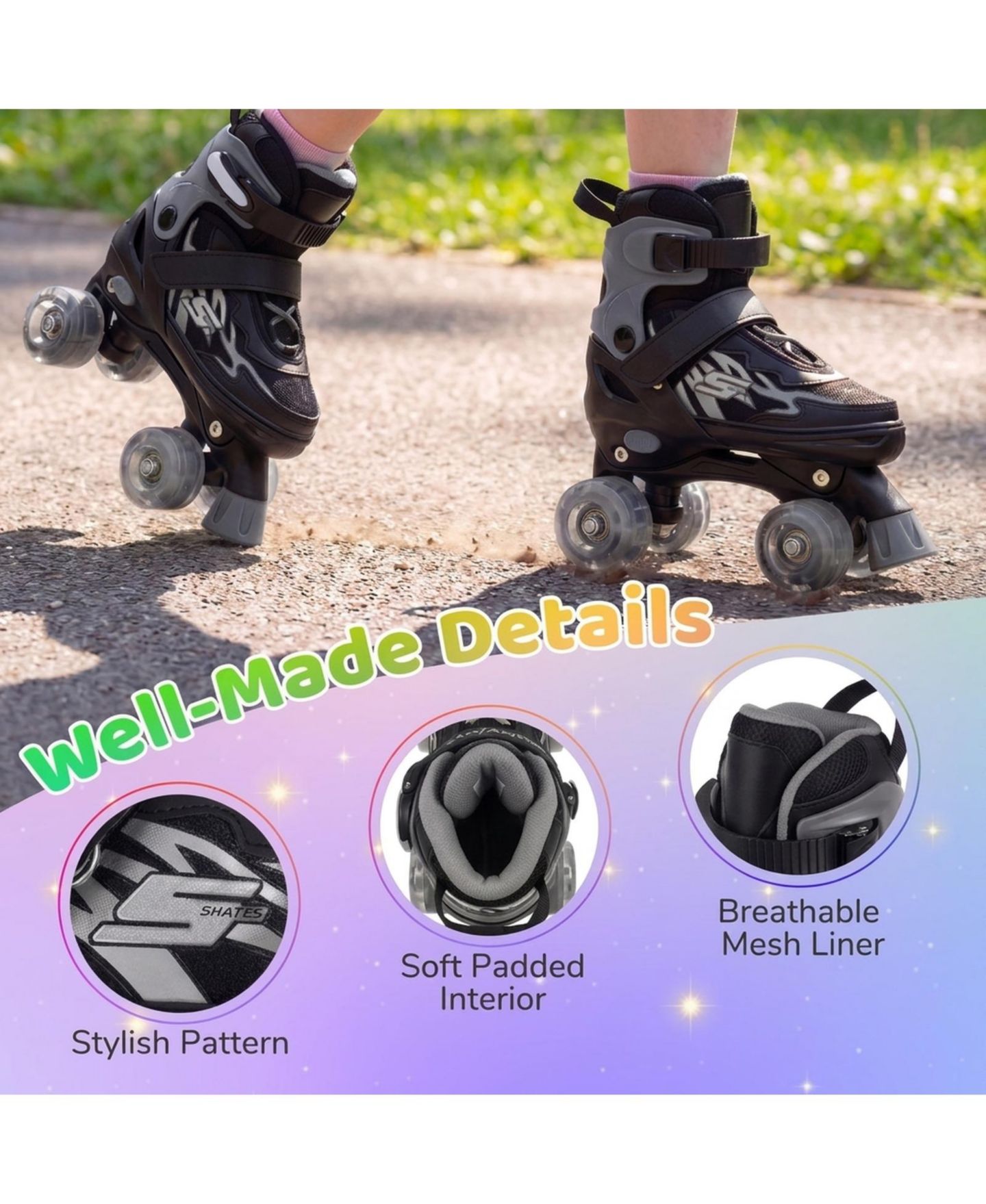 Детские квадовые ролики Hongge со светящимися колёсами и дышащей сеткой, от 5 до 7 лет, цвет: Чёрный — фото 8