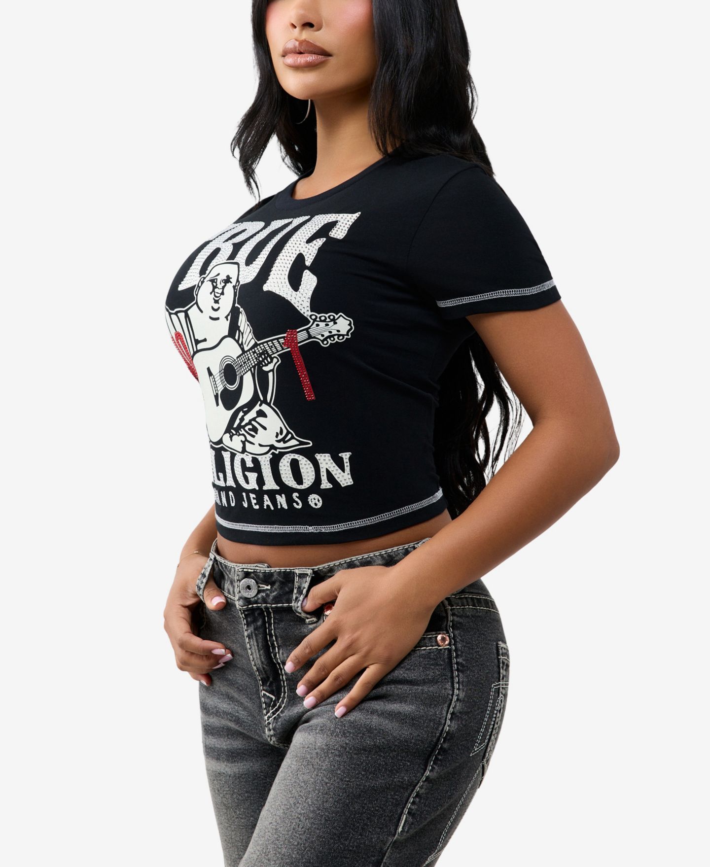 Женская футболка True Religion Baby Short-Sleeve Graphic-Print Crewneck Crop, цвет: Угольно-чёрный — фото 2