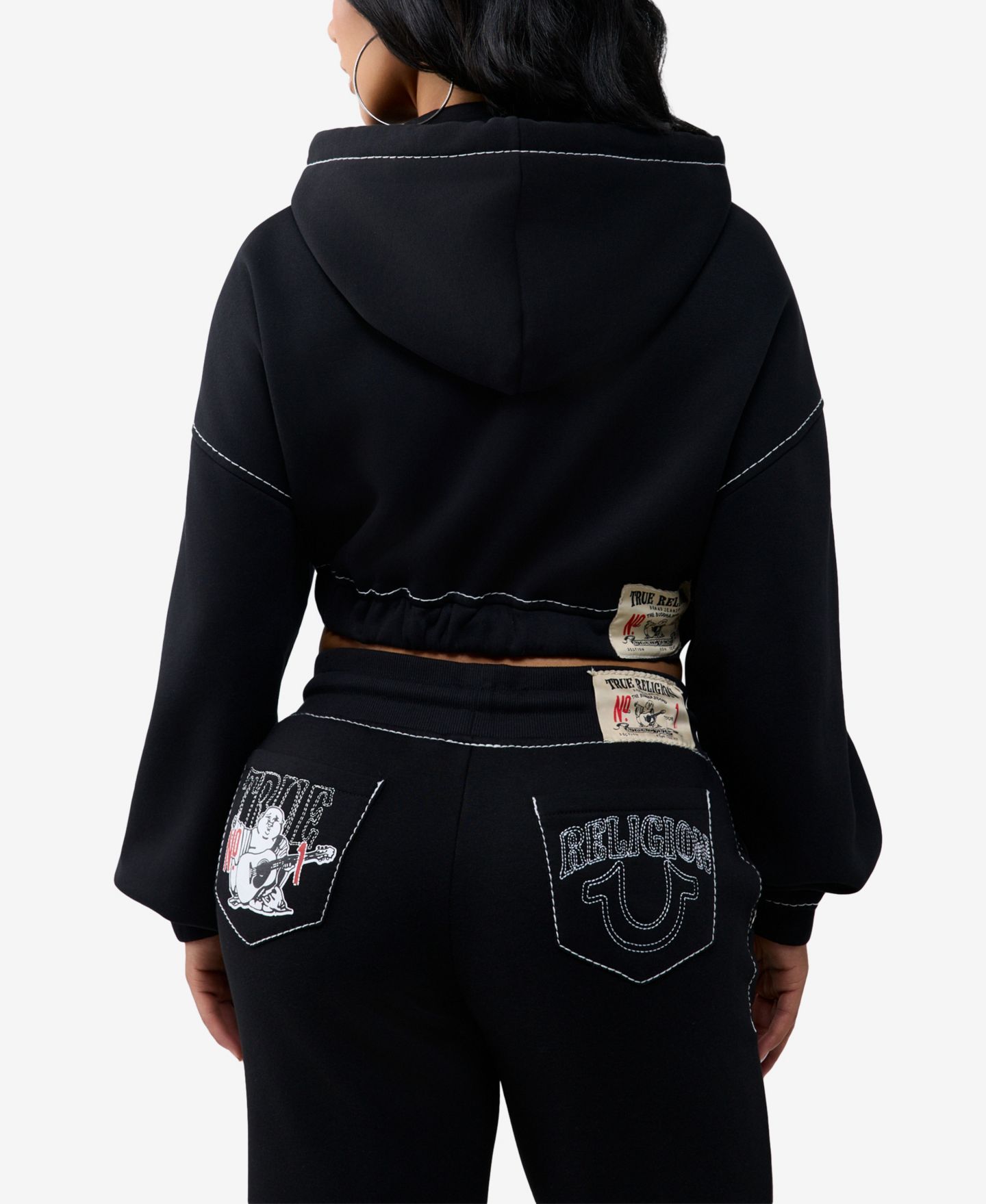 Женское укороченное худи на молнии True Religion с принтом, хлопковая смесь, цвет: Угольно-чёрный — фото 3