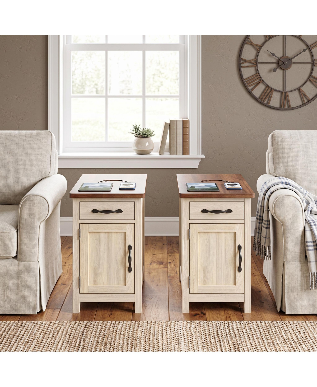 Gaomon 2 Set of End Table With Storage Cabinet, Modern Side Table With Hidden Outlets and Drawer, Narrow Nightstand For Living Room - Natural