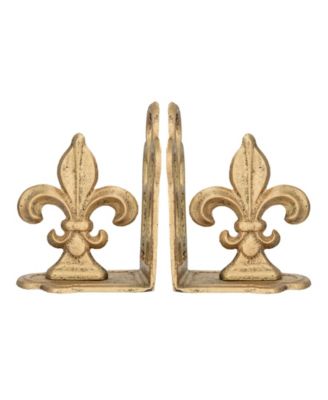 Decorative Distressed Metal Fleur de Lis Bookends, Gold, Set of 2