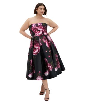 Plus Size Tiffany Bloom Strapless Floral-Print Fit & Flare Midi Dress