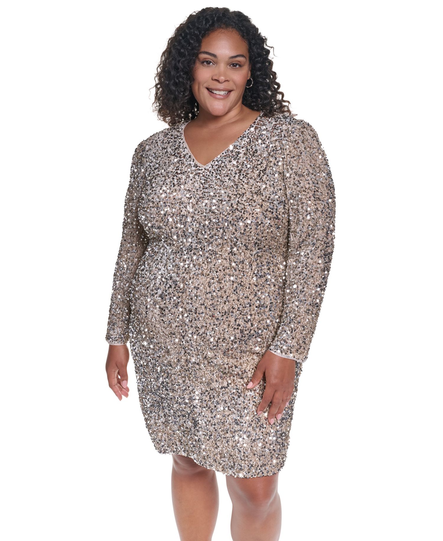 Plus Size Sequin Shift V-Neck Long-Sleeve Dress