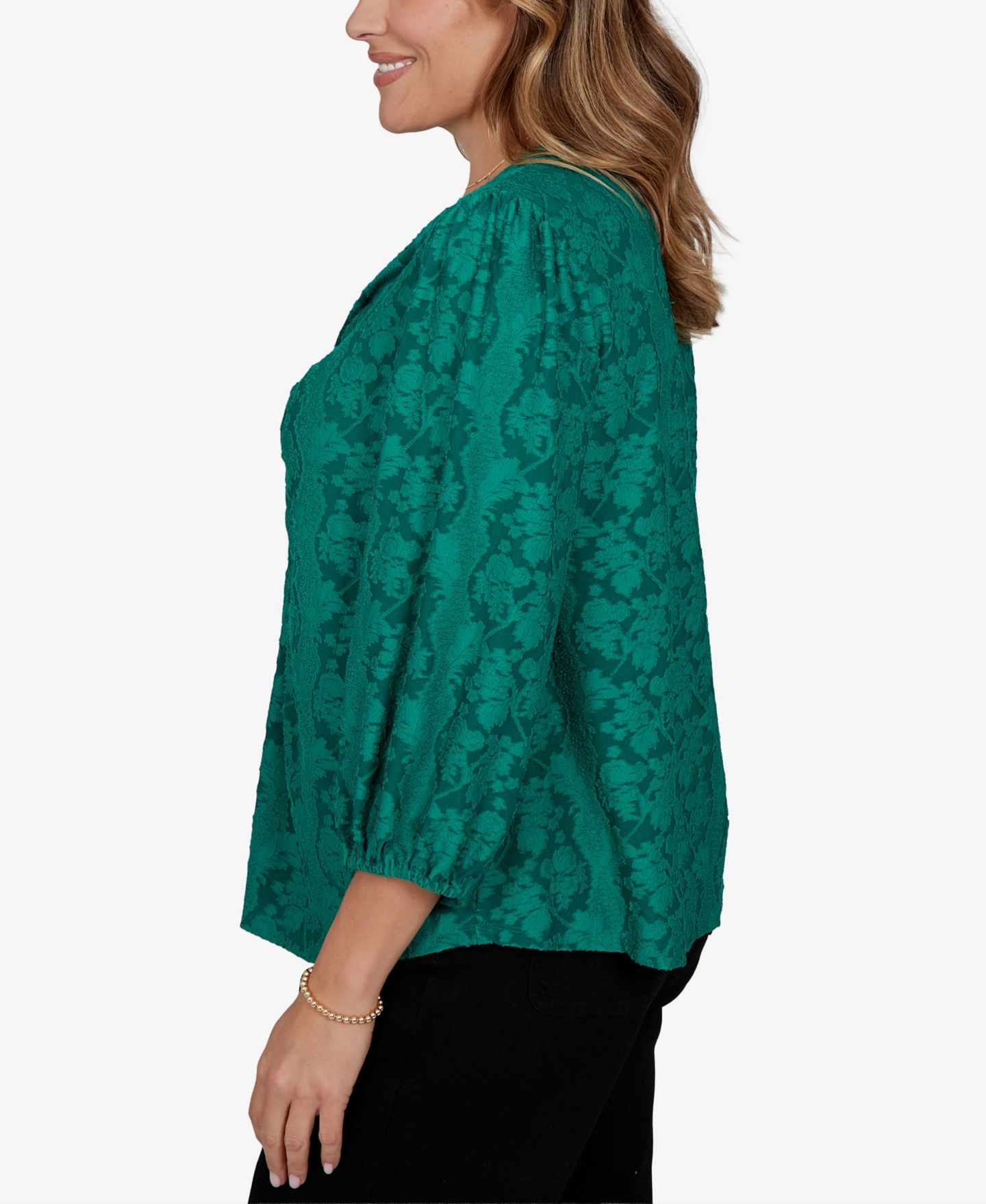Женская блузка Ruby Rd. Plus Size Knit Floral Clip 3/4-Sleeve V-Neck, цвет: Вечнозелёный — фото 3