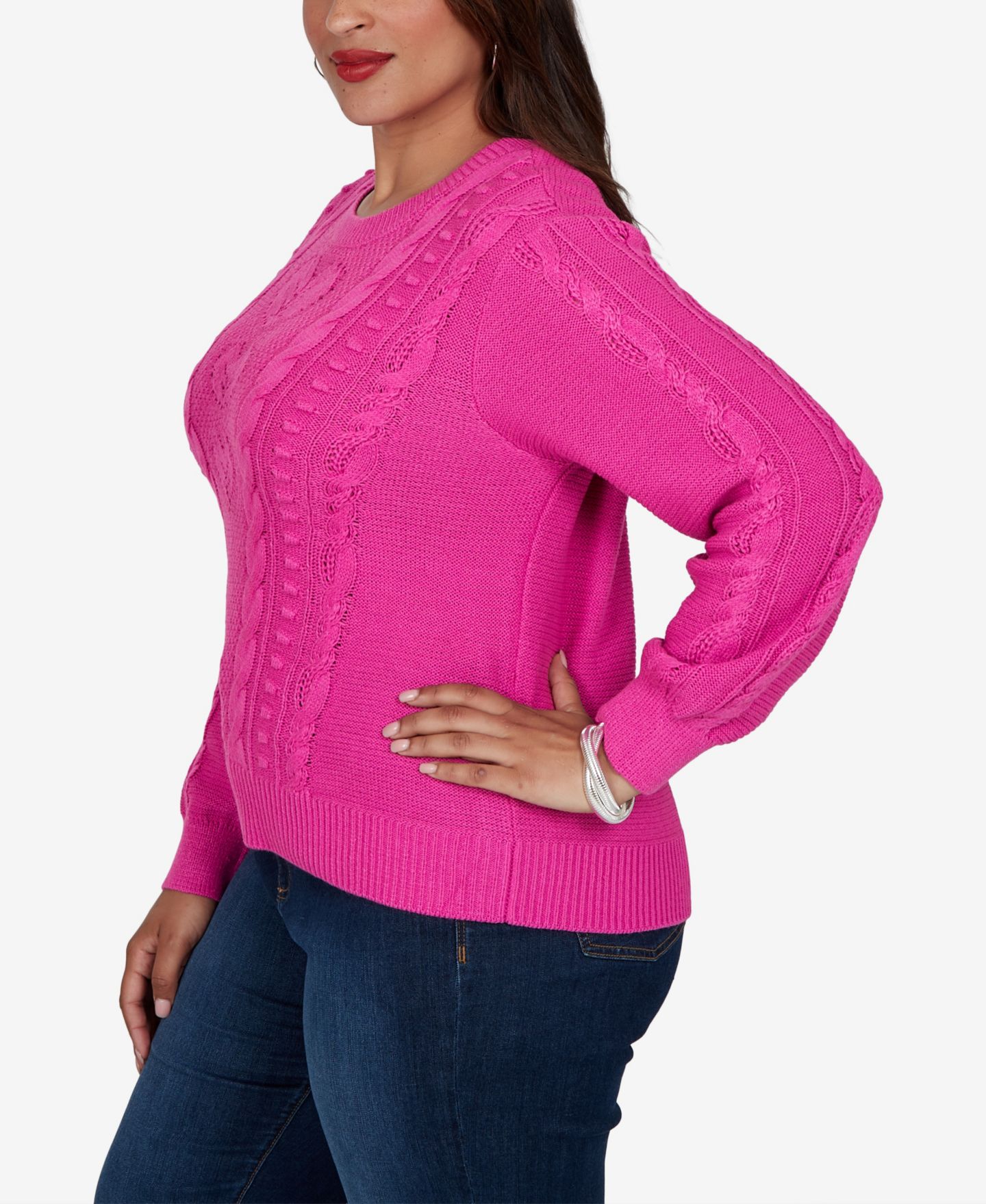 Женский свитер Ruby Rd. Plus Size Cable-Knit Heart Pullover, цвет: Фуксия — фото 3