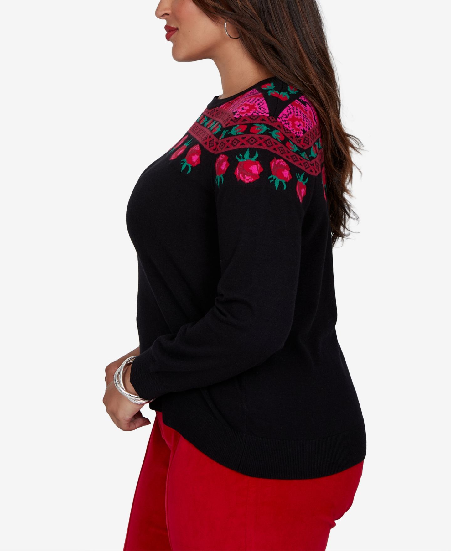 Женский свитер Ruby Rd. Plus Size Rose Fair-Isle Long-Sleeve Pullover, цвет: Чёрный — фото 3