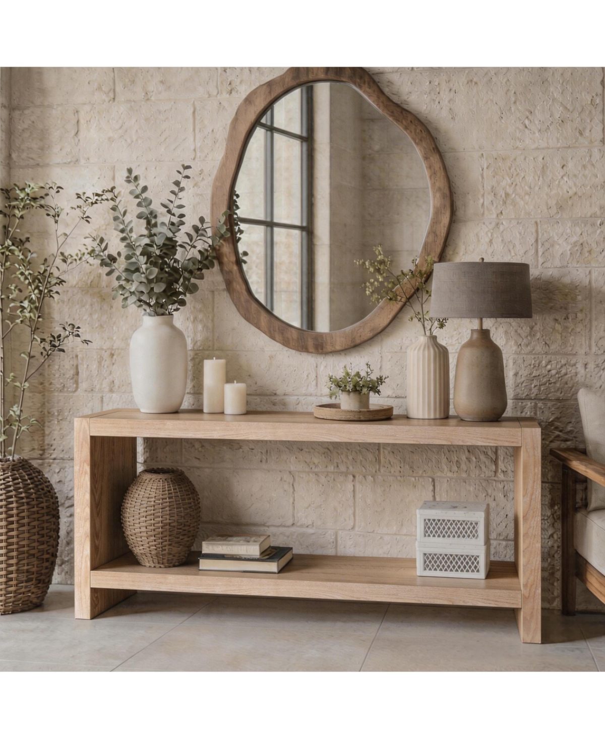 Clihome 63" Farmhouse Console Table 2 Tier Rustic Wood Veneer Entryway Sofa Table for Living Room Hallway